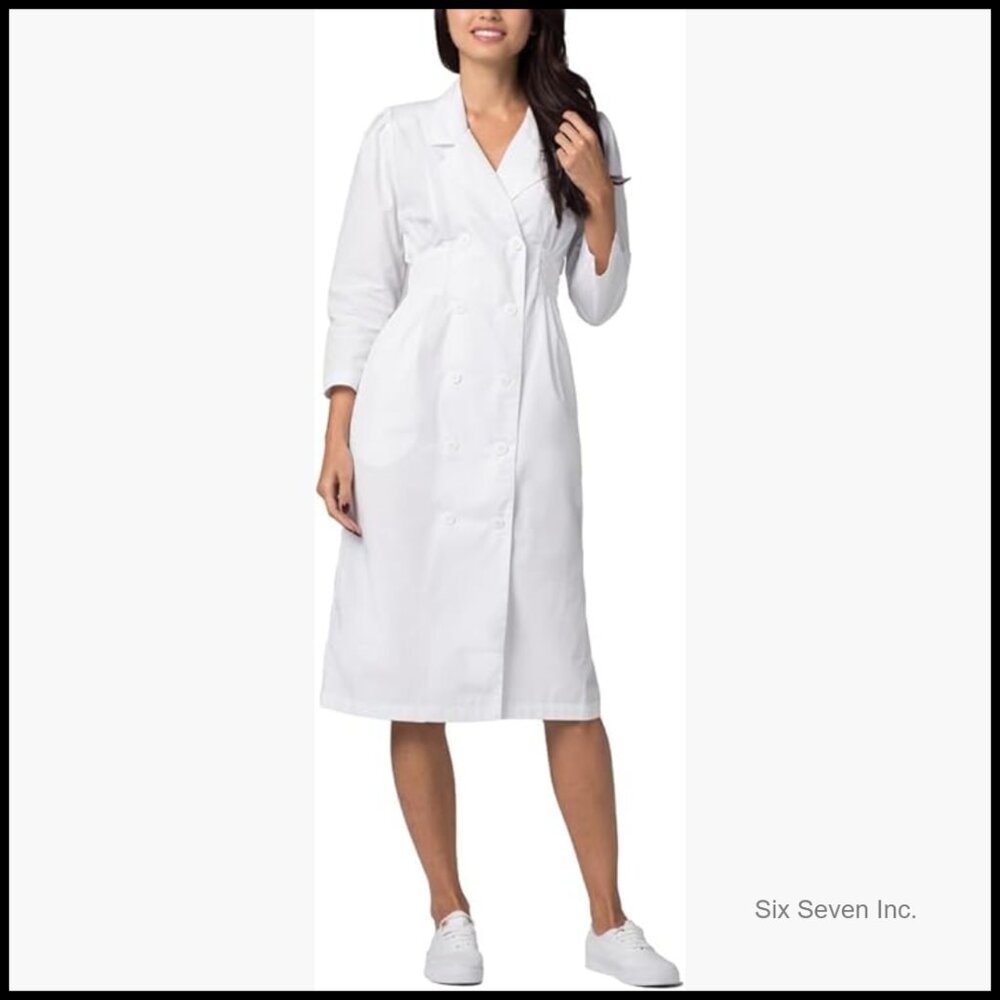 Fitted Midriff Scrub Dress, Embroidered Detail, Double Breasted